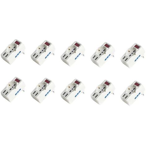 Adattatore con Interruttore Spina 10A con 2 Prese Bipasso 10A/16A 1 Presa Universale e 2 USB A 5V/3A 250V Max 1500W