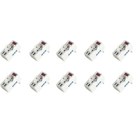 Adattatore con Interruttore Spina 10A con 2 Prese Bipasso 10A/16A e 1 Schuko 1 USB A e 1 USB C 5V/3A 250V Max 1500W Bianco
