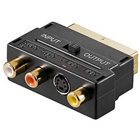 Adattatore da Scart a Video Audio Composito e S-Video, IN/OUT, spina SCART (21-pin)  3 prese RCA + Presa mini-DIN 4 (S-Video). Collegamento, tipo spina SCART (21-pin)