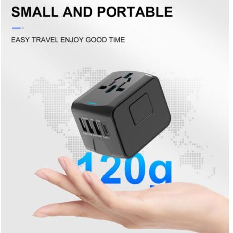 Adattatore da viaggio internazionale universale con 3 porte USB e 1 porta Type-C, 1500 W, spina francese per USA, Canada, Regno Unito, UE, Australia, Cina e Giappone.