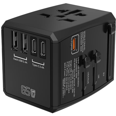 Adattatore da viaggio Presa elettrica universale 65 W 2 USB + 3 Type-C Ricarica Nero Caricatore internazionale veloce in tutto il mondo per Regno Unito Stati Uniti AUS Canada Cina Messico Tailandia