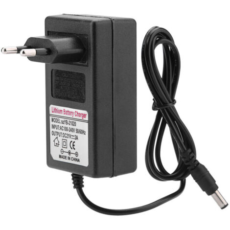 Adattatore di alimentazione CA/CC da 21 V 2 A per la ricarica sicura di batterie agli ioni di litio.