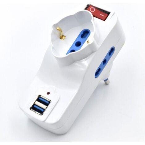 Adattatore Elettrocanali girevole spina 16 a + 2 prese bipasso 10 / 16 a + presa schuko bipASSO + 2 PRESE USB