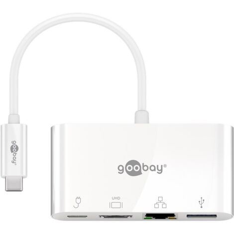 Adattatore multiporta USB-C™ a HDMI™ e Ethernet, PD, bianco, estende una porta USB-C™ con una presa Ethernet, HDMI™ e USB-A (USB 3.0).