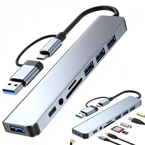 Adattatore multiporta USB C Hub tipo C 8 in 1 con 4 porte USB da 3,5 mm Jack per cuffie Lettore di schede SD/TF Porte multidati Compatibile con MacBook Pro/Air Smartphone Tablet per Dell