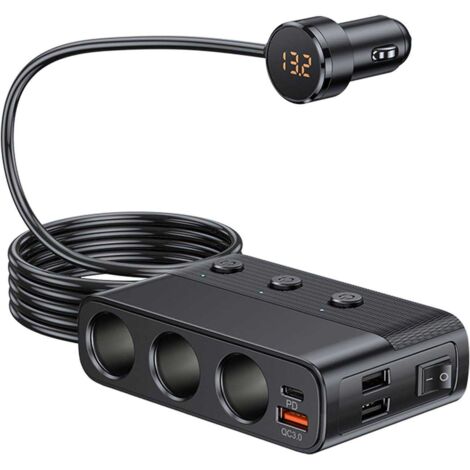 Adattatore per accendisigari a tre pin da 127 W / USB QC 3.0 / PD / Doppia interfaccia USB, presa accendisigari 12 V/24 V, con interruttore indipendente e voltmetro a LED.