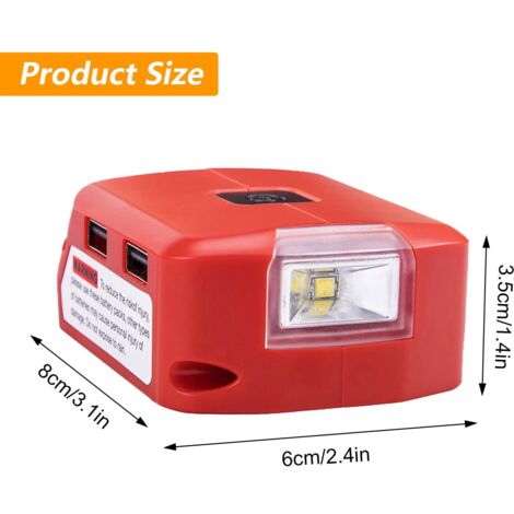 Adattatore per batteria rosso, caricabatterie agli ioni di litio da 18 V 8 × 6 × 3,5 mm, luce di lavoro a LED con doppio caricabatterie USB e porta CC da 12 V, fonte di alimentazione da 14,4-21 V, per