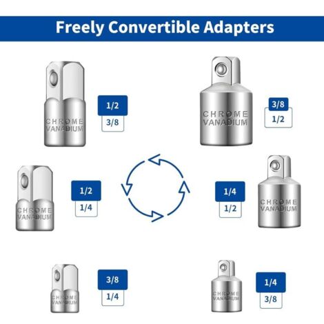 Adattatore per bussola, set di adattatori a cricchetto da 6 pezzi, da 1/4" a 3/8", da 3/8" a 1/4", da 3/8" a 1/2", da 1/2" a 3/8", da 1/2" a 1/4", da 1/4" a 1/2", set di adattatori per la riduzione de
