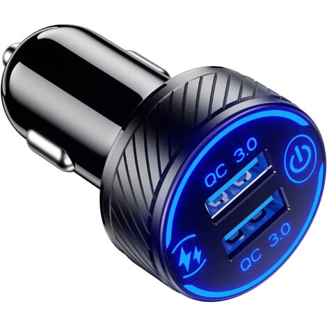 Adattatore per caricabatteria rapido per auto QC3.0 a doppia porta, 36 W/3 A, con LED blu e interruttore touch.