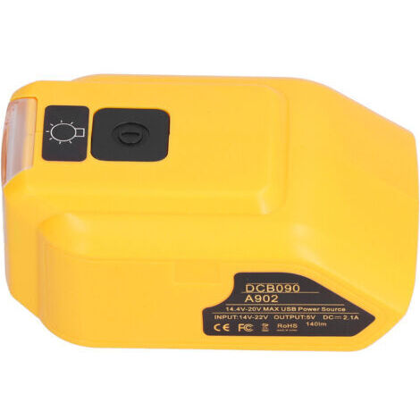 Adattatore per caricabatterie con luce di lavoro a LED per caricabatterie USB da 14V-22V, uscita 12V CC (DCB090, senza porta 12V CC).