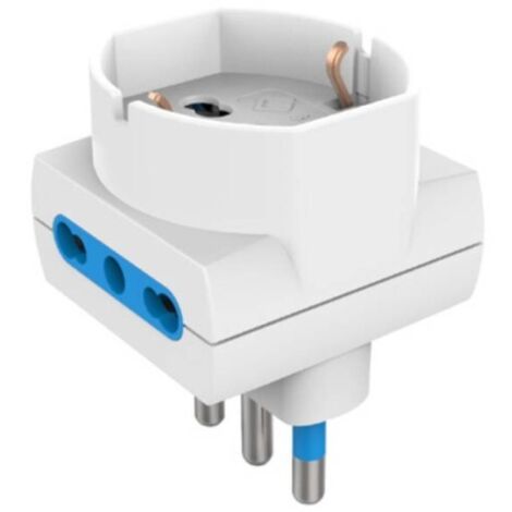Adattatore triplo con 1 presa schuko + 10/16 A 2P+T e 2 prese laterali 10/16A 2P+T bipasso bianco