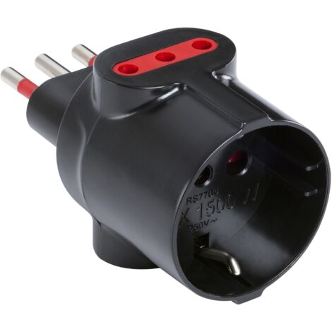 Adattatore triplo da spina 10A a 2 prese 10A e 1 presa schuko 16A, nero, serie Emilia Specialist - Rosi RS7704N