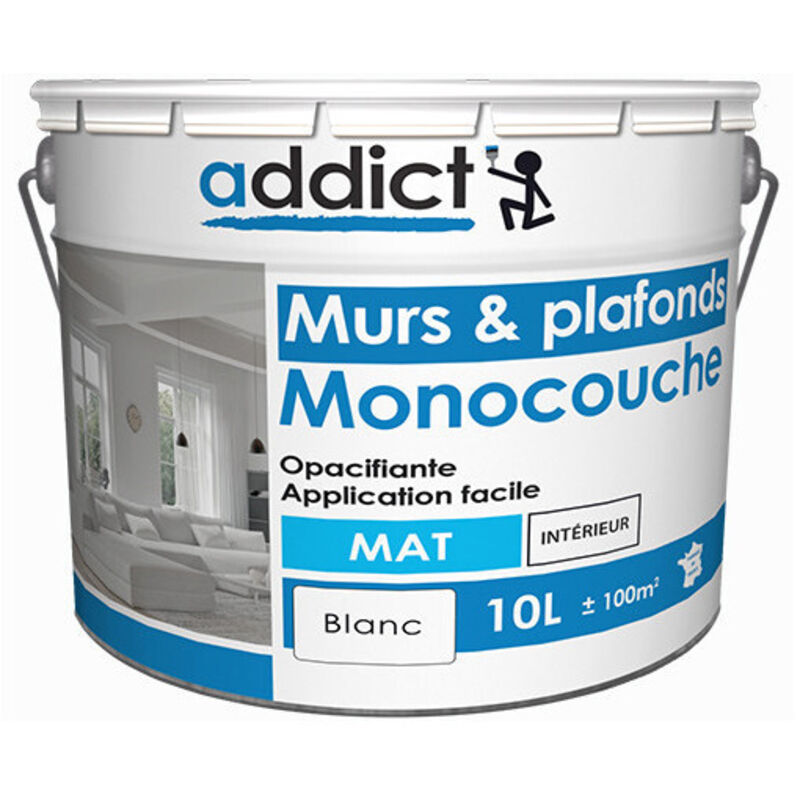 Addict - Peinture acrylique monocouche murs et plafonds, blancc mat, 10 litres