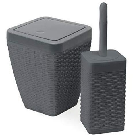 Addis Bagno Quadrato in Finta Rattan, con pattumiera oscillante e scopino per WC, Colore: Grigio Antracite, Plastica Ecopelle, Carbone, Bin & Toilet Set