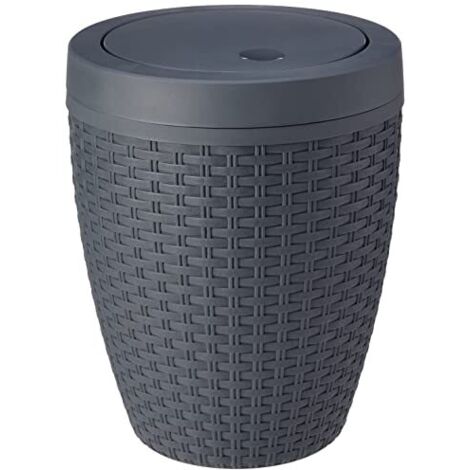 Addis Cestino da Bagno Rotondo in Finto Rattan con Coperchio Basculante, Carbone, Swing Bin