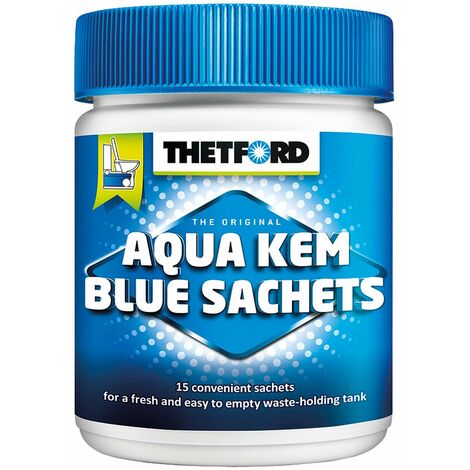 Additif sanitaire Aqua Kem Bleu en sachets – 15 sachets pré-dosés – Dissout papier toilette et matières – Réduit les odeurs – Thetford