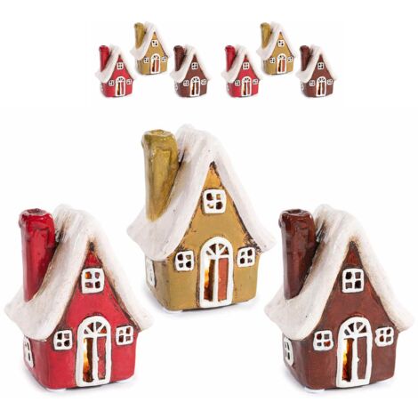 Addobbi Natalizi da appendere a forma di casette in terracotta con luce LED - Set da 6 decoraizoni