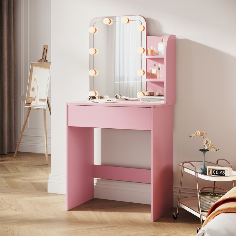 SIRHONA Meubles de Chambre Coiffeuse, Coiffeuse Moderne avec Miroir, Coiffeuse avec 1 tiroir et 3 Compartiments Ouverts, couleur Rose + 10 Ampoules