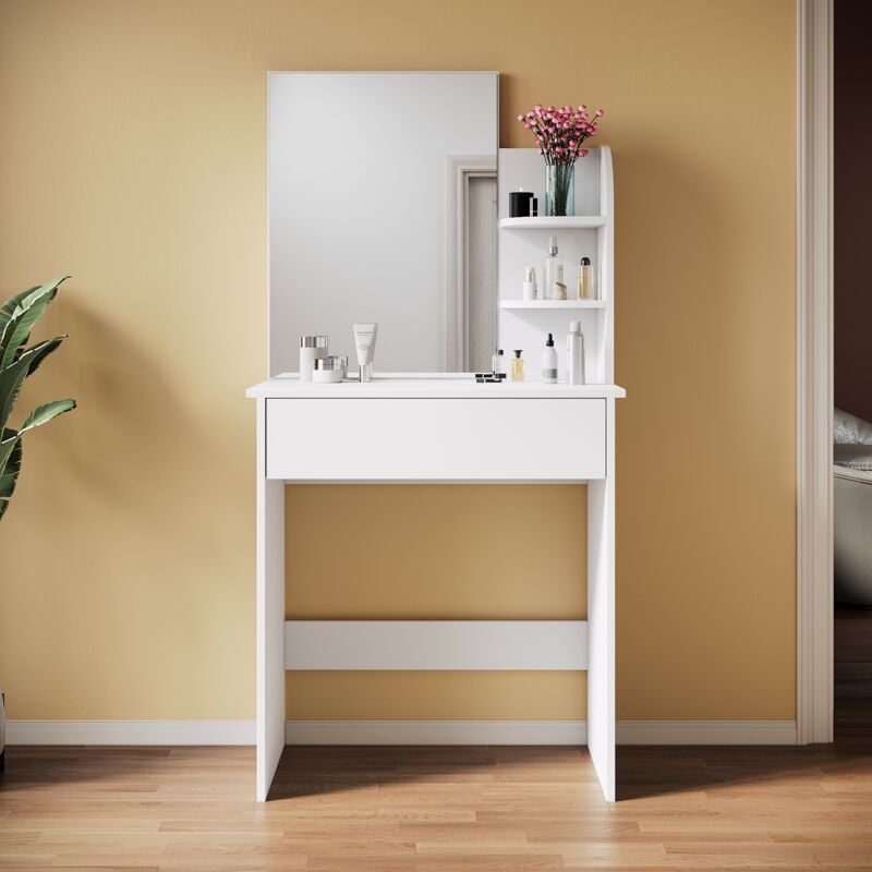 Sirhona - Meubles de Chambre Coiffeuse, Coiffeuse Moderne avec Miroir, Coiffeuse avec 1 tiroir et 3 Compartiments Ouverts, Blanc
