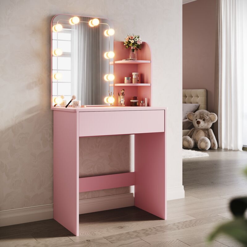 Sirhona - Coiffeuse avec Miroir, Table de maquillage avec 1 tiroir et 3 Compartiments Ouverts, Table de vanité, Style Moderne, Rose + 10 Ampoules led