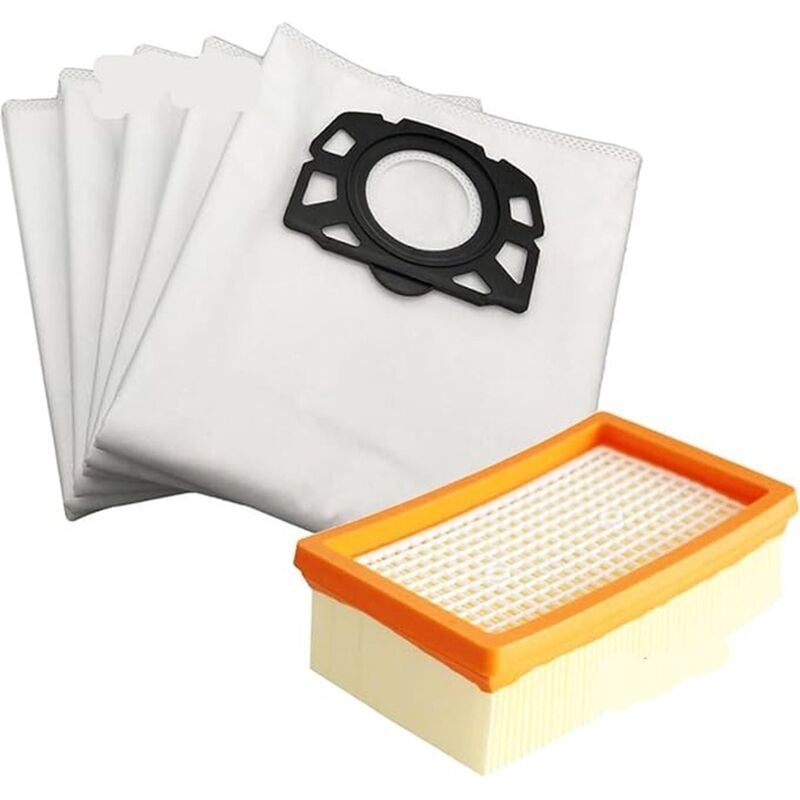 Adecuado para KARCHER. 5 bolsas de aspiradora + 1 filtro plano para WD 4, WD 5, WD 6, MV 4, MV 5, MV 6.