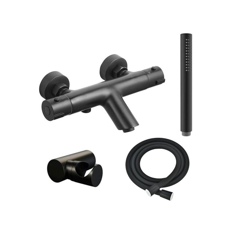 Sparkle 2.0 mitigeur baignoire/douche thermostatique avec support de douchette, flexible de douche et douchette à main mat noir - Adema