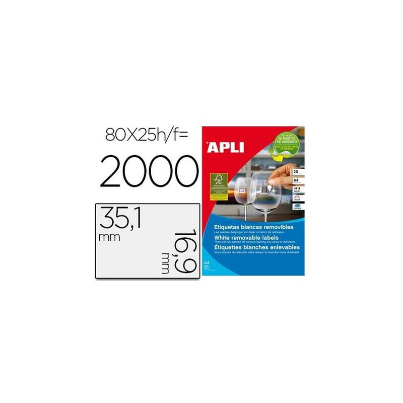 Image of Etiqueta adhesiva Apli 35,6x16,9 mm fotocopiadora laser inkjet caja 25 hojas din a4 con 2000 etiquetas