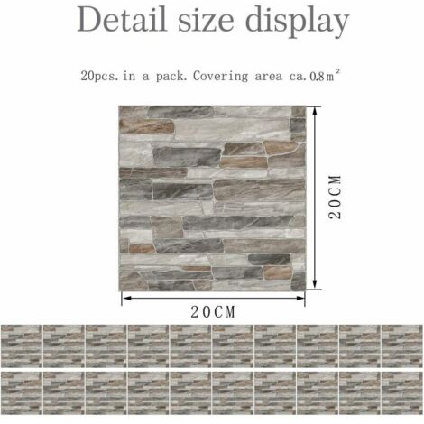 Adesivi decorativi per piastrelle per bagno e cucina, 20 pezzi, effetto pelle, effetto mattone 3D, effetto pietra, impermeabili, autoadesivi (LA019, 20 cm)