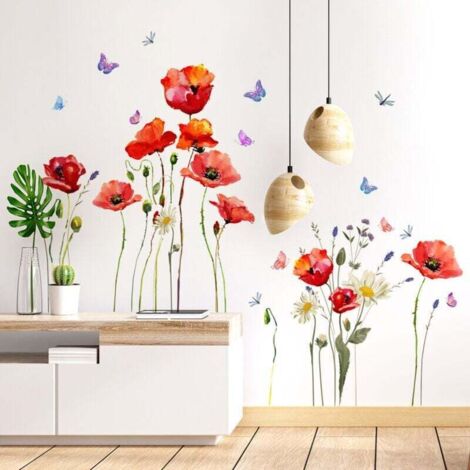 Adesivi murali a forma di papavero, adesivi murali, adesivi murali con fiori e farfalle per camerette, soggiorni e asili nido