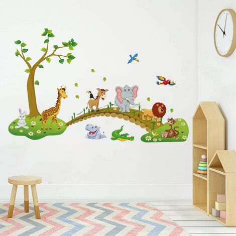 Adesivi murali animali della giungla Adesivi murali alberi Adesivi decorativi rimovibili Giraffa Elefante Scimmia Camera dei bambini Decorazione soggiorno per bambini