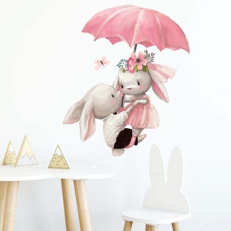 Adesivi murali con simpatici coniglietti e ombrelli, adesivi murali fai da te, adesivi murali staccabili e adesivi per bambini e decorazioni per la cameretta dei bambini