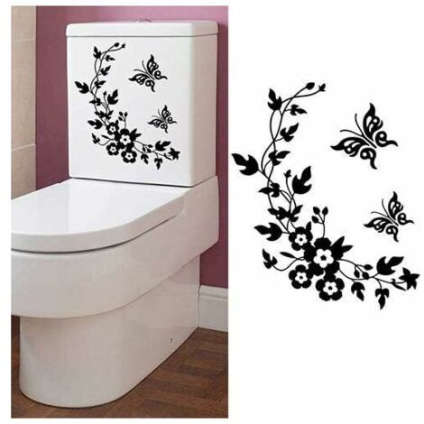 Adesivi murali fai da te per la decorazione del bagno e della casa con farfalle e fiori, adesivi decorativi per WC, qualità affidabile e durevole (nero)