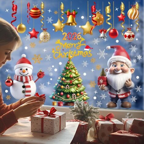Adesivi natalizi per finestre, adesivi natalizi 3D con pupazzo di neve, 9 simpatici fiocchi di neve e renne di Babbo Natale per decorazioni fai da te per finestre, vetrine di negozi e interni di casa.