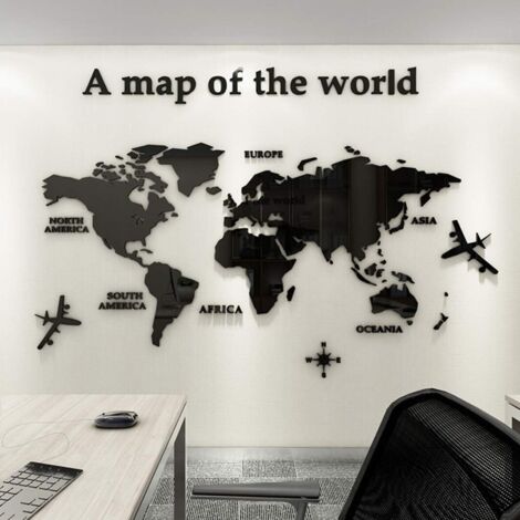 Adesivo murale fai da te 3D con mappa del mondo, immagini da parete per la famiglia, arte murale per la casa (nero, S: 80 x 40 cm)