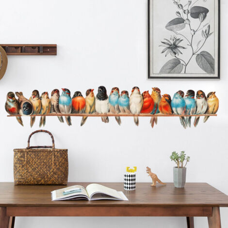 Adesivo murale retrò con uccelli su ramo, multicolore, 90 cm  Adesivo decorativo per la primavera, ideale per soggiorno, camera da letto, cucina, bagno e corridoio.