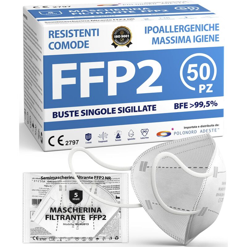 Image of Adeste - 50 Mascherine FFP2 Bianche Certificate ce, Filiera controllata, anallergiche, con elastici comodi e resistenti. Sicura: capacità filtrante