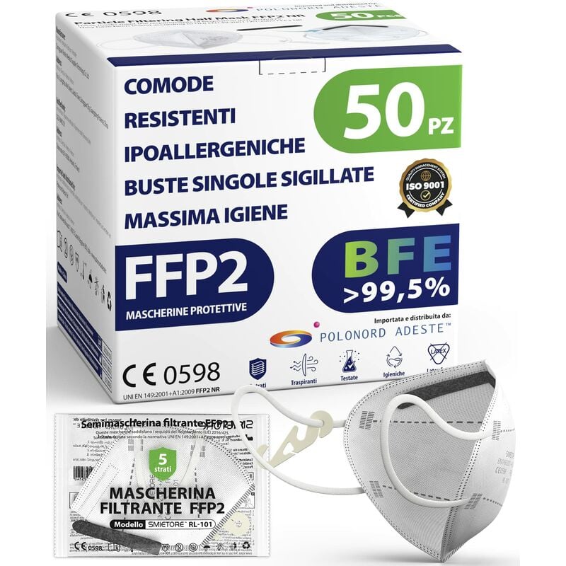 Image of Adeste - 50 Mascherine FFP2 Bianche Certificate ce, filiera controllata, elastici comodi, anallergici e regolabili. Sicura: filtrazione in