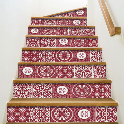 Adhésif Autocollant Contremarche Carreaux Ciment Rouge, 3 pièces, 19,5 cm x 100 cm, Colle pour Carrelage Sol et Mur