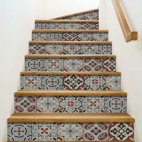 Adhésif Autocollant Ozzano X3 19,5 X 100 cm - Carreaux de Ciment Ancien Mélange de Couleurs Rouge, Gris, Bleu et Beige - Contremarche.