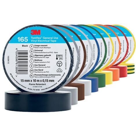 Adhésif d’isolation électrique Temflex 165, largeur 15 mm, longueur 10m, lot de 10 rouleaux multi-coloris - 3M