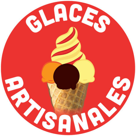 Adhésif repositionnable "GLACES ARTISANALES" de diamètre 20 cm (fond rouge)