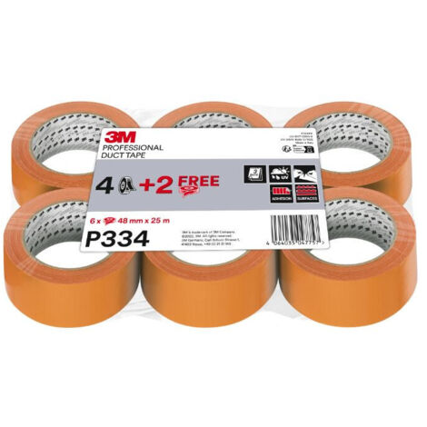 Adhésif Toile de Façadier P334 Orange – 25 m x 48 mm – Lot de 4 rouleaux + 2 gratuits