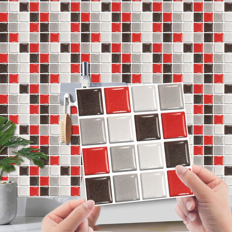 Adhésive Décorative à Carreaux pour Salle de Bains et Cuisine Stickers Carrelage, Motif Marbre Mosaïque Imperméables Adhésive Décoration (Rouge Mosaïque,30Pièces)，10cm10cm