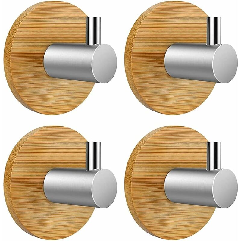 Adhesive Hook Wall Hook Self-adhesive Hook Bathroom Kitchen Office Door, 4 Pieces (Bamboo and Stainless Steel,Round)