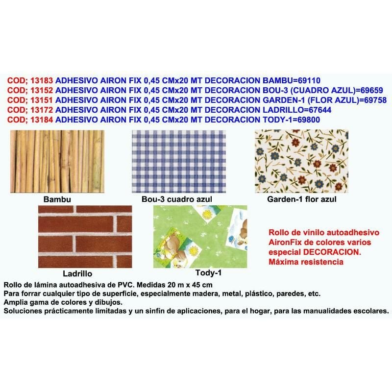 

MIBRICOTIENDA adhesivo airon fix 0,45 cmx20 mt decoracion garden1 f-azul 69758