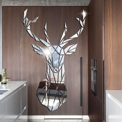 Adhesivo de pared con espejo y ciervo  Adhesivo de pared acrílico 3D con forma de ciervo, decoración de pared para sala de estar o dormitorio.