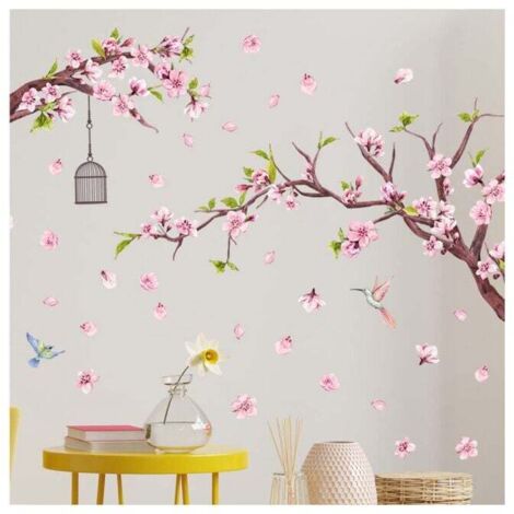 Adhesivo de pared de colibrí en rama, pájaro volador, decoración de pared extraíble para habitación infantil, guardería, sala de estar y dormitorio.