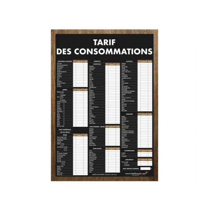 Adhésif TARIF DES CONSOMMATIONS traditionnel format A1