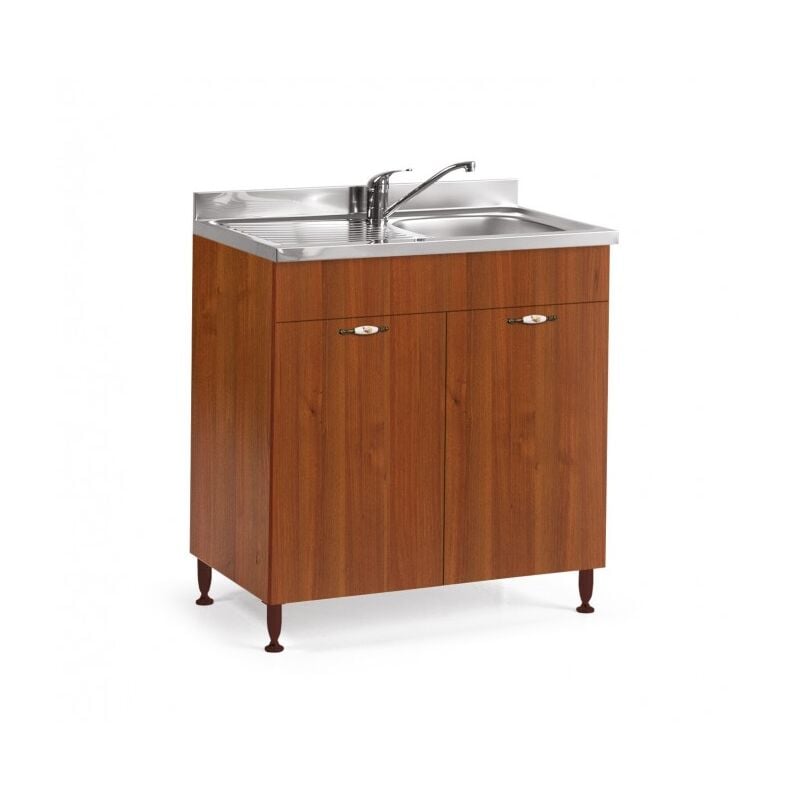 Base sous évier de cuisine 80x50x85 cm en bois de noyer antique avec deux portes et évier avec une seule baignoire - Adige