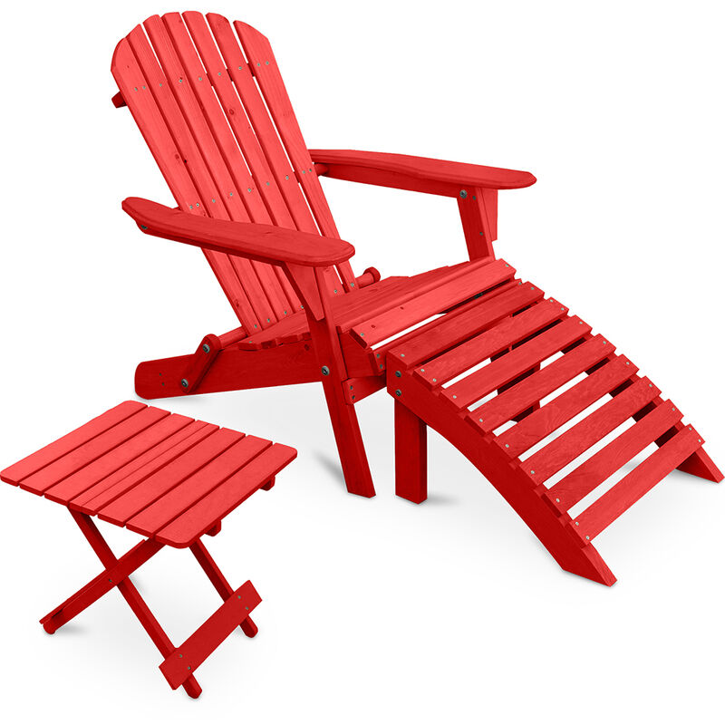 Adirondack Garden long Chair + Footrest + Table Wood Outdoor Furniture Set - Alana Red